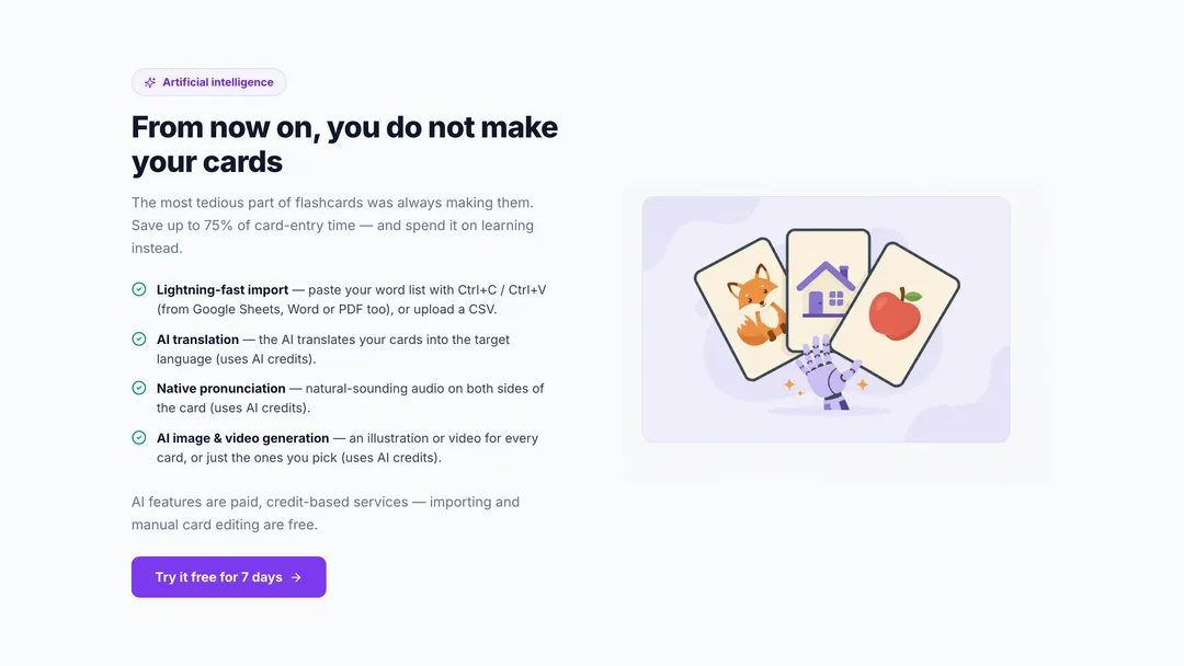 The SnappyCards AI page listing lightning-fast import, AI translation, native pronunciation and AI image and video generation, next to an illustrated stack of cards.