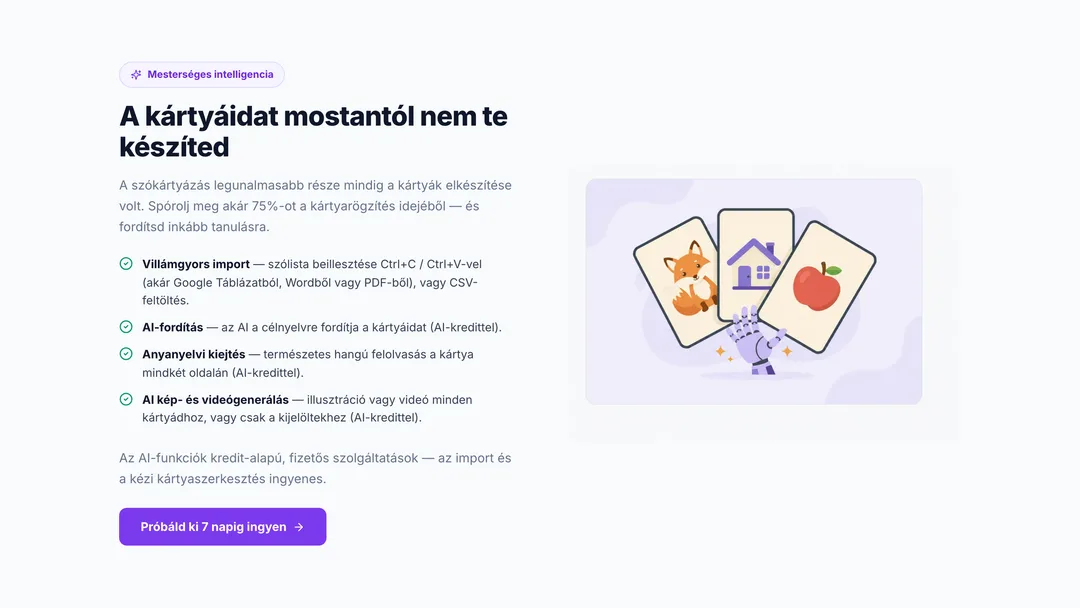 A SnappyCards AI-oldala: villámgyors import, AI-fordítás, anyanyelvi kiejtés, valamint kép- és videógenerálás felsorolva, mellette egy illusztrált kártyaköteg.