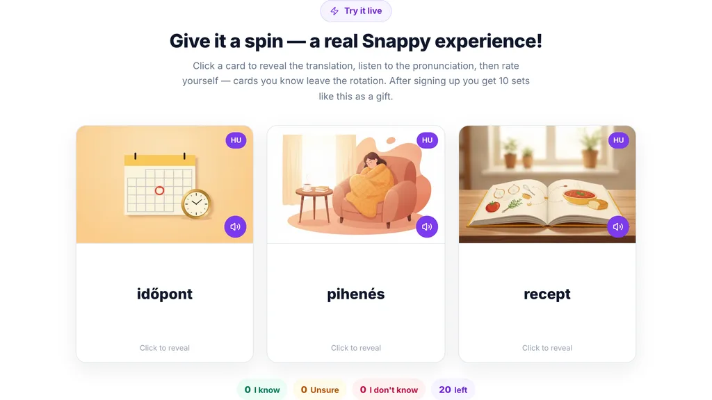 Three SnappyCards flashcards spinning at once with images and a pronunciation button.