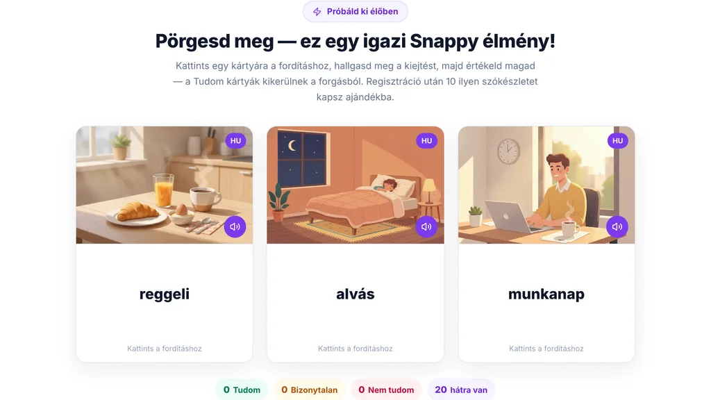 A SnappyCards három szókártyája egyszerre pörög fel képekkel és kiejtés-gombbal.
