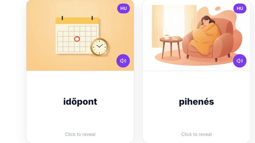Two flashcards up close: an illustration and a speaker icon on top, the Hungarian words időpont and pihenés below, with a Click to reveal prompt at the bottom.