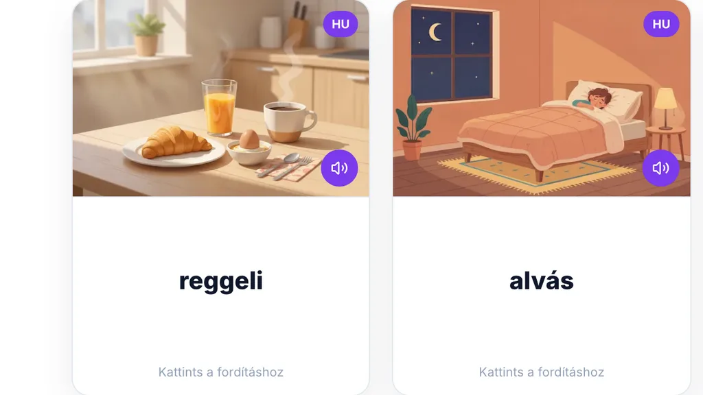 Két szókártya közelről: fent illusztráció és hangszóró ikon, alul a reggeli és az alvás szó, a kártya alján a Kattints a fordításhoz felirat.