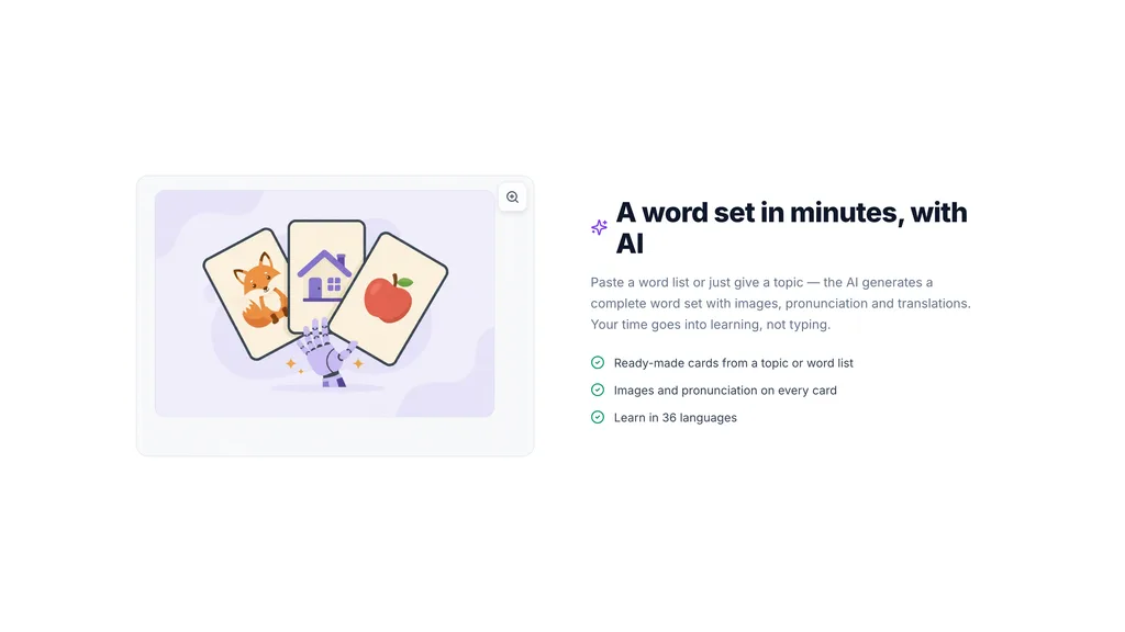 SnappyCards AI card creation section: a robot hand holding picture flashcards, with the benefits of generating a word set from a topic or list.