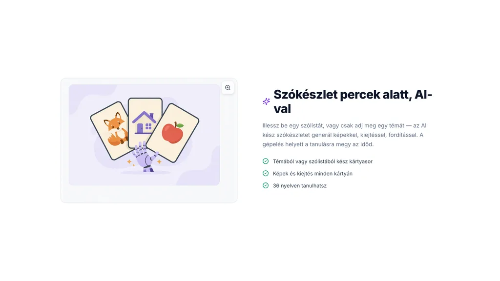 A SnappyCards AI-kártyakészítés szekciója: robotkéz képes szókártyákkal, mellette a témából vagy szólistából generált kártyasor előnyei.