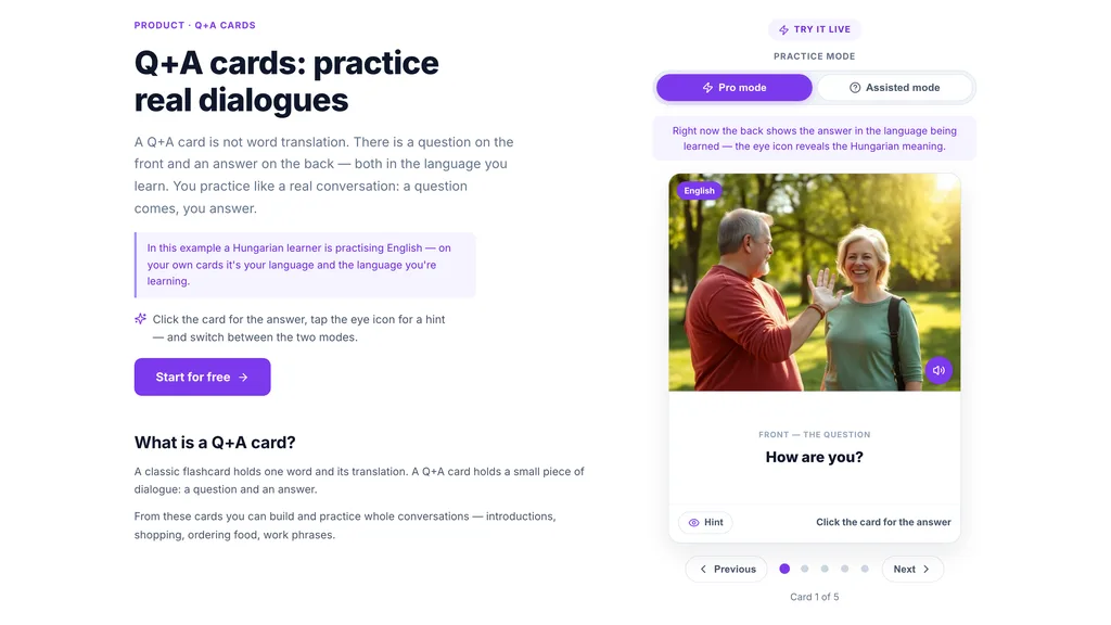 SnappyCards Q+A cards page: a dialogue practice card asking How are you?, with Pro and Assisted practice modes.