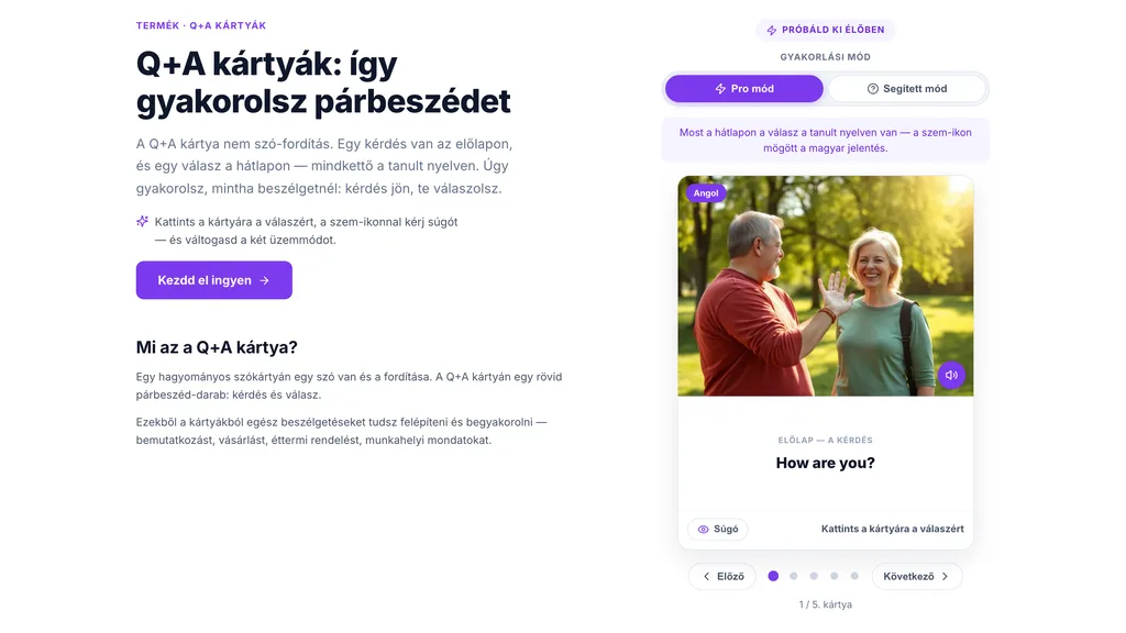 A SnappyCards Q+A kártya oldala: párbeszéd-gyakorló kártya a How are you? kérdéssel, Pro és Segített mód váltóval.