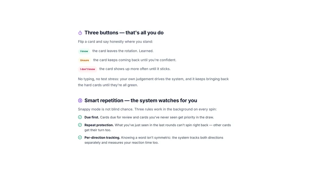 SnappyCards method page: the three self-assessment buttons explained, with the three smart-repetition rules below.
