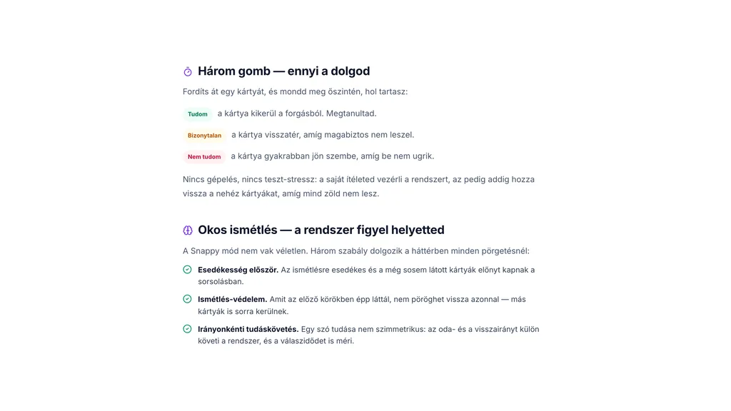 A SnappyCards módszer-oldala: a Tudom, Bizonytalan és Nem tudom értékelőgombok magyarázata, alatta az okos ismétlés három szabálya.